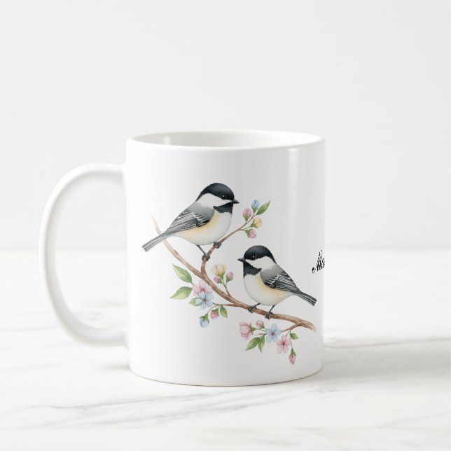 Cute chickadees on Floral Branch Custom Name  Coffee Mug (Left)
