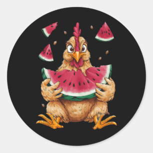 Cute Chicken Eating Watermelon Fruit Summer Men Wo Classic Round Sticker