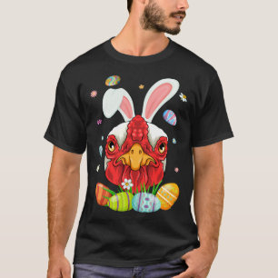 Cute Chicken Face With Bunny Ears Colourful Eggs E T-Shirt