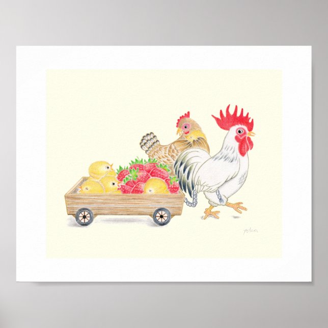 Cute Chicken Family Strawberries Nursery Art   Poster (Front)