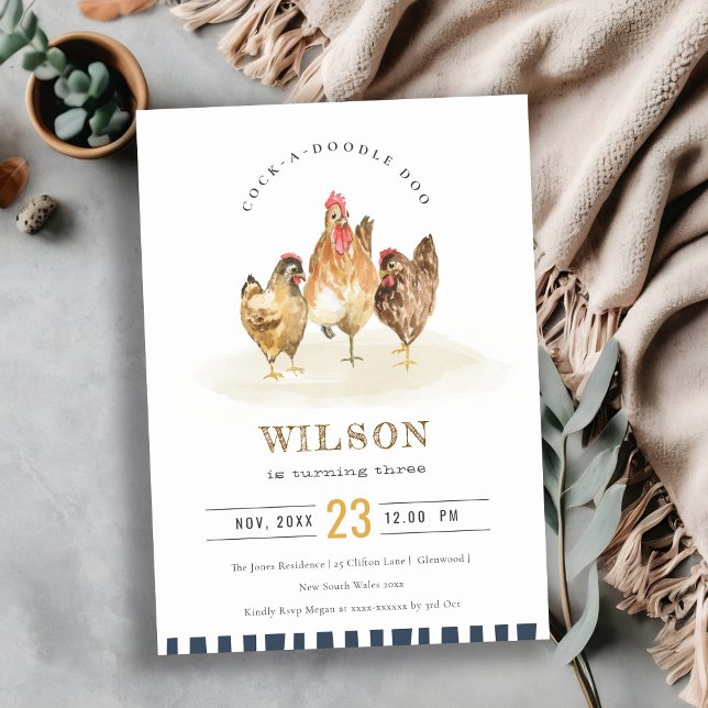 Cute Chicken Farm Watercolor Kids Birthday Invite (Creator Uploaded)