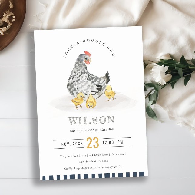 Cute Chicken Farm Watercolor Kids Birthday Invite (Creator Uploaded)