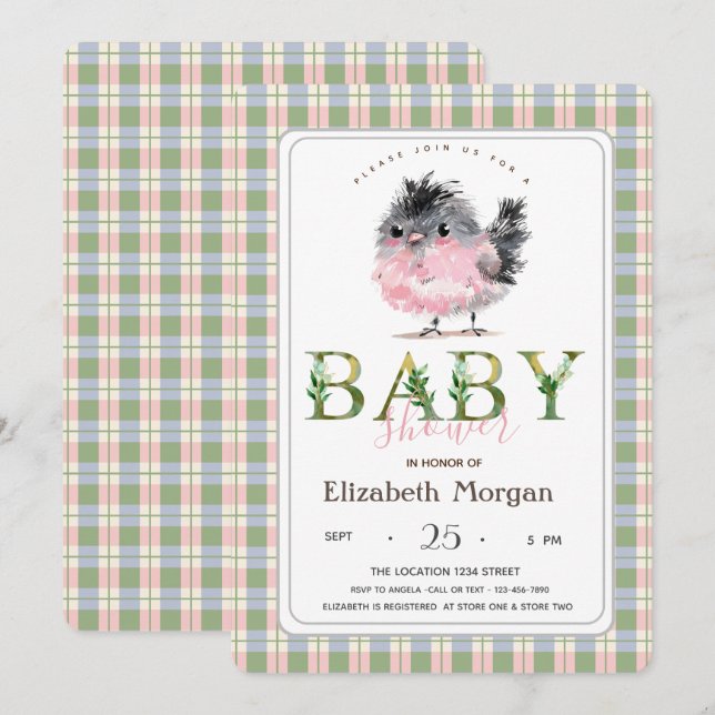Cute Chicken Green Pink Plaid Baby Shower  Invitation (Front/Back)