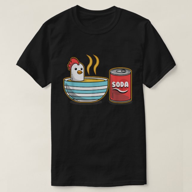 Cute Chicken in Soup Bowl with Soda Can Playful T-Shirt (Design Front)