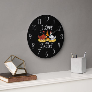 cute chicken lovers word art Large Clock 
