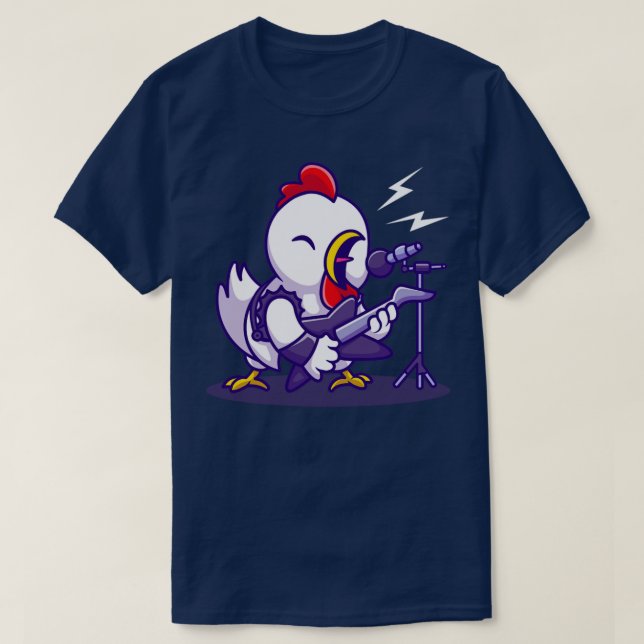 Cute Chicken Rocker With Guitar Cartoon T-Shirt (Design Front)