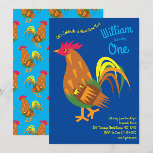 Cute Chicken Rooster Kids 1st Birthday Party Invitation