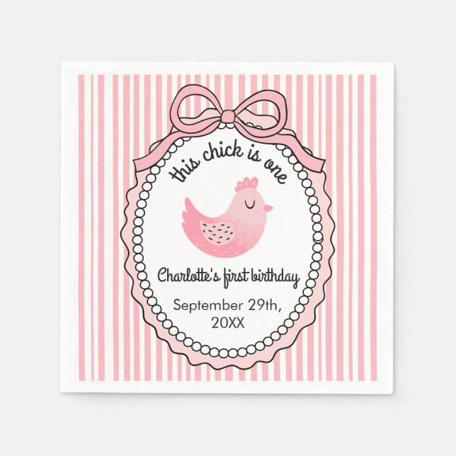 Cute Chicken Stripes Bow Birthday Napkins (Front)