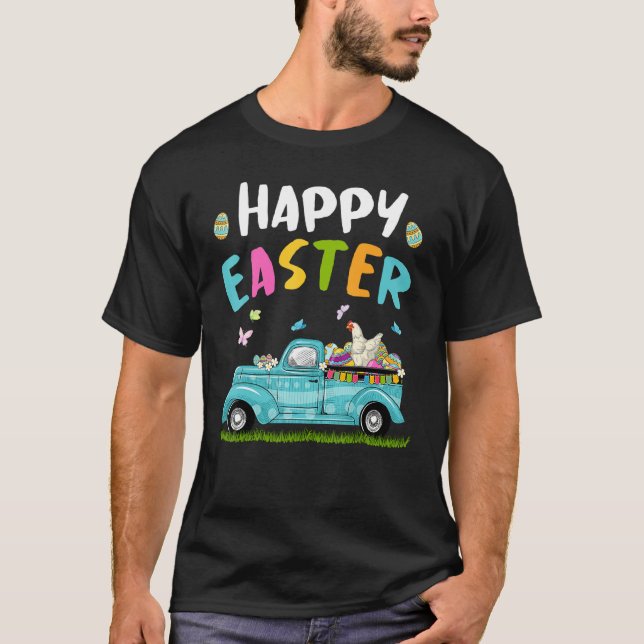 Cute Chicken With Bunny Ears Egg Hunting Truck Eas T-Shirt (Front)