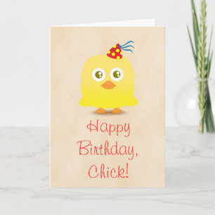 Cute chicken with party hat happy birthday card