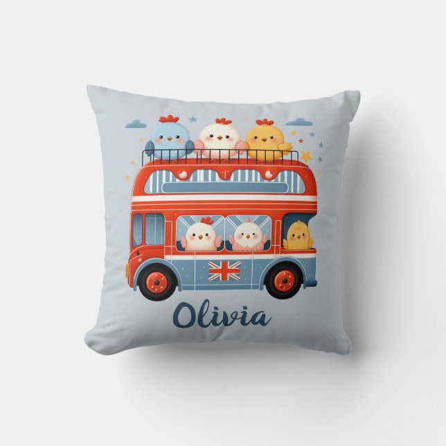 Cute Chickens and Chicks in London Bus Cushion (Front)