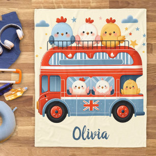 Cute Chickens and London Bus Fleece Blanket