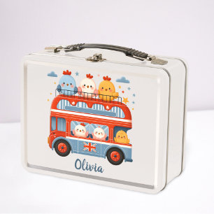Cute Chickens and London Bus Metal Lunch Box
