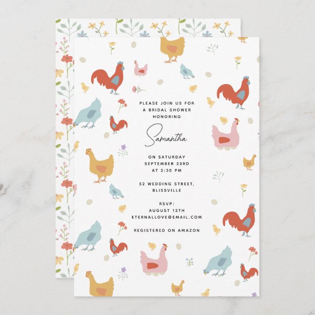 Cute Chickens Hens and Baby Chicks Bridal Shower Invitation (Front/Back)