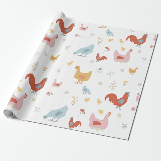 Cute Chickens Hens and Baby Chicks Wrapping Paper (Unrolled)