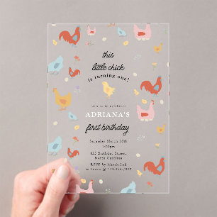 Cute Chickens Hens and Chick Girl First Birthday Acrylic Invitations