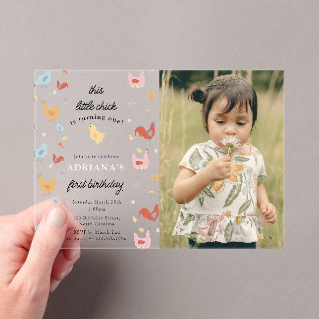 Cute Chickens Hens Chick Girl First Birthday Photo Acrylic Invitations (Insitu (Handheld))