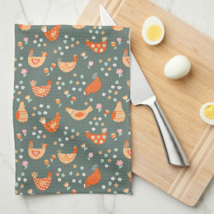Cute Chickens Hens Colourful Bird Pattern Tea Towel