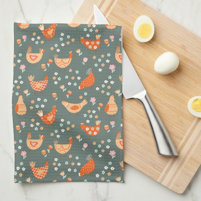 Cute Chickens Hens Colourful Bird Pattern Tea Towel (Quarter Fold)