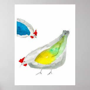 Cute chickens watercolor art poster