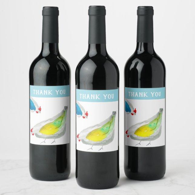 Cute chickens watercolor wine label (Bottles)