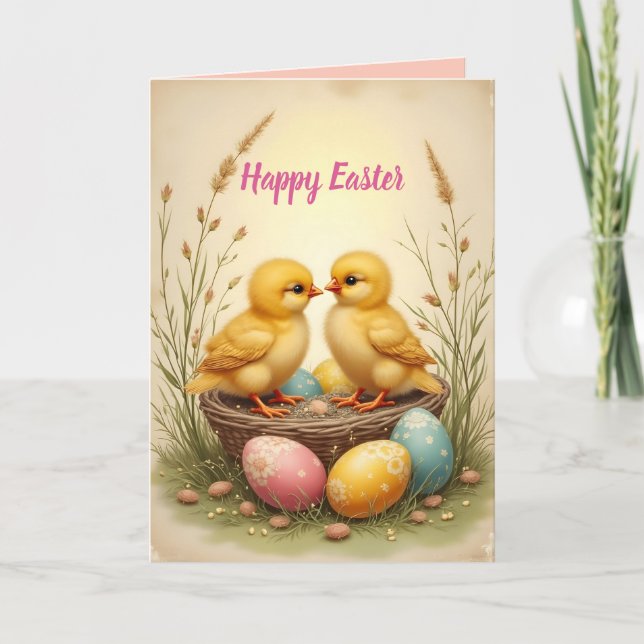 Cute chicks and colorful Easter eggs, nostalgic  Holiday Card (Front)