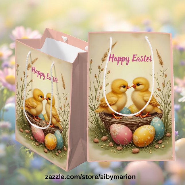 Cute chicks and colourful Easter eggs, nostalgic  Medium Gift Bag (Creator Uploaded)