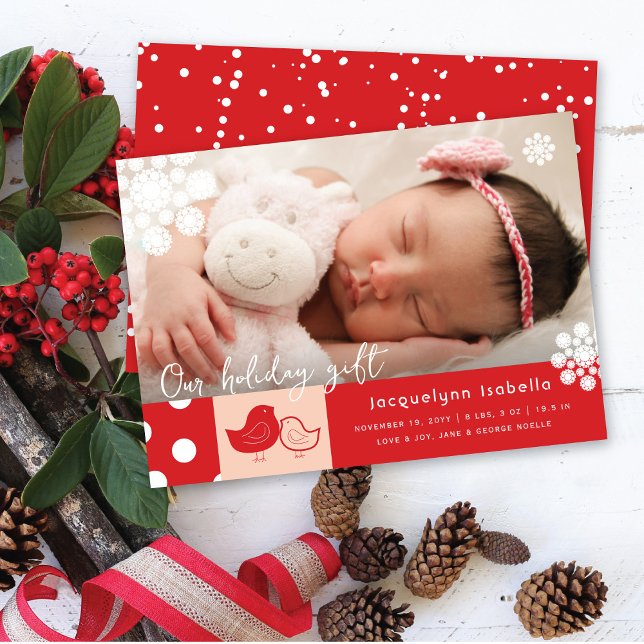 Cute Chicks And Whimsical Snowflakes Photo Birth Holiday Card (Creator Uploaded)