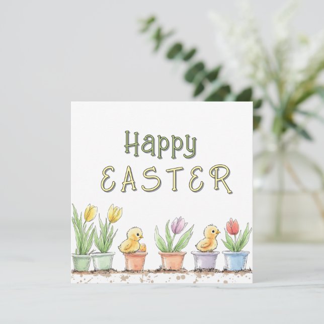 Cute Chicks Watercolour Happy Easter Holiday Card (Standing Front)