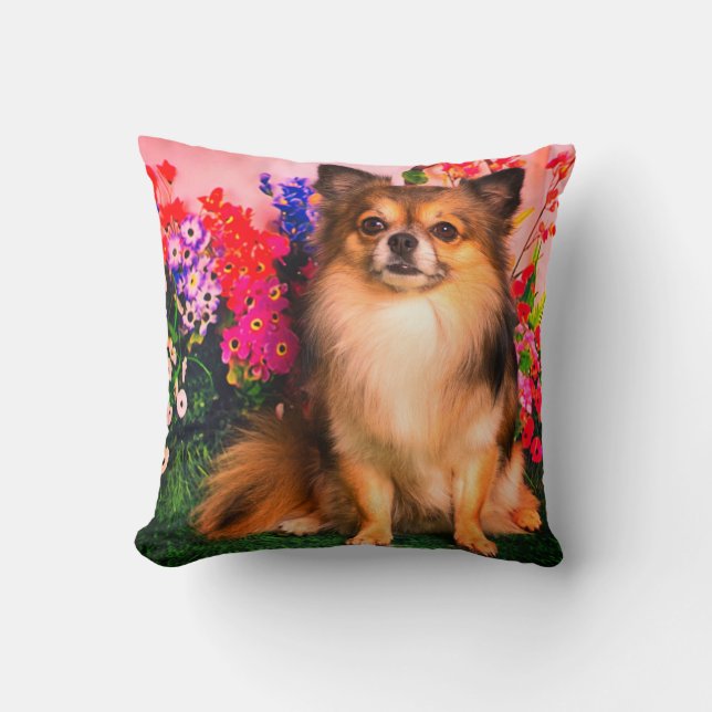 Cute Chihuahua Amid Spring Flowers Cushion (Front)