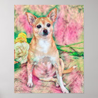 Cute Chihuahua Art Pink Green Dog Portrait
