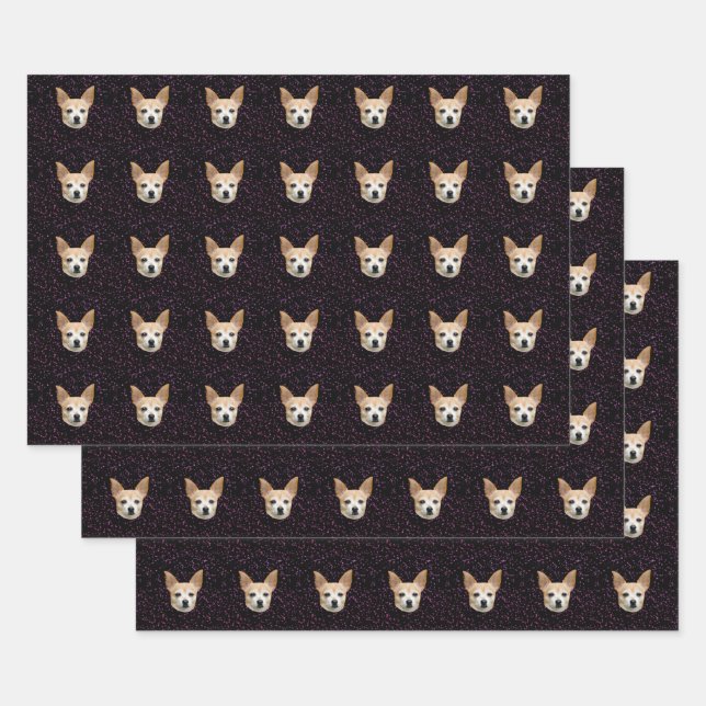 Cute Chihuahua Dog Elegant Purple Pattern Glitter Wrapping Paper Sheet (Set)