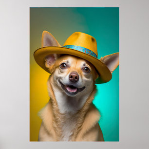 Cute Chihuahua Dog Fedora Hat Colourful Vibrant Poster