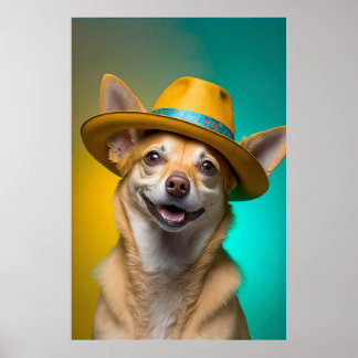 Cute Chihuahua Dog Fedora Hat Colourful Vibrant Poster