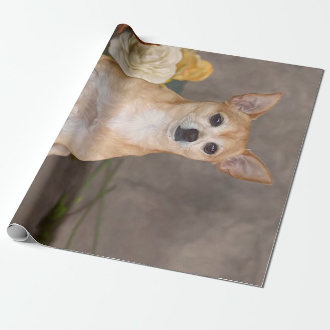 Cute Chihuahua Dog Floral Pet Portrait Art Wrapping Paper (Unrolled)