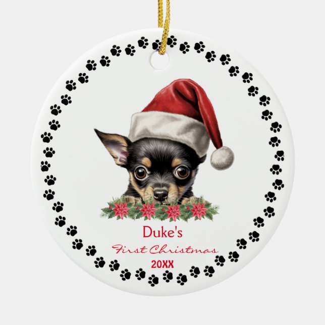 Cute Chihuahua Dog Paw Santa Hat  1st Christmas Ceramic Ornament (Front)