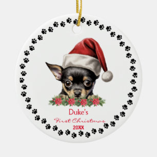 Cute Chihuahua Dog Santa Hat Paw Pencil Art  Ceramic Ornament