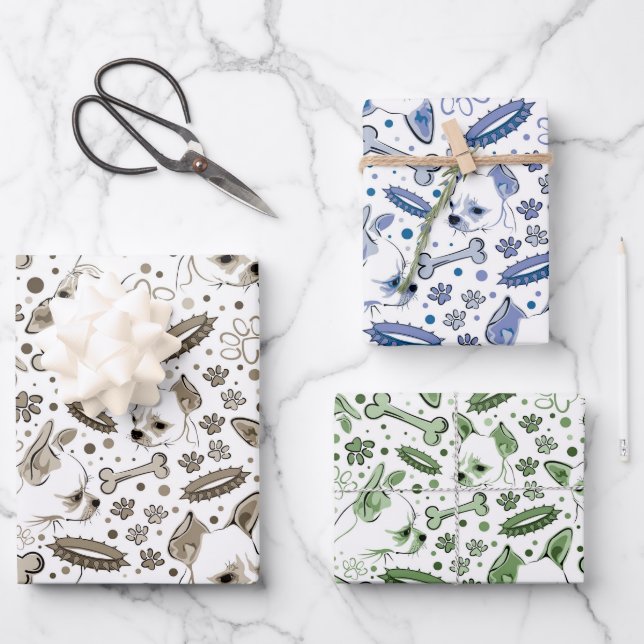 Cute Chihuahua Dog Wrapping Paper Set of 3 (Front)