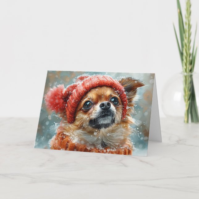 Cute Chihuahua in Winter Holiday Christmas Card  (Front)