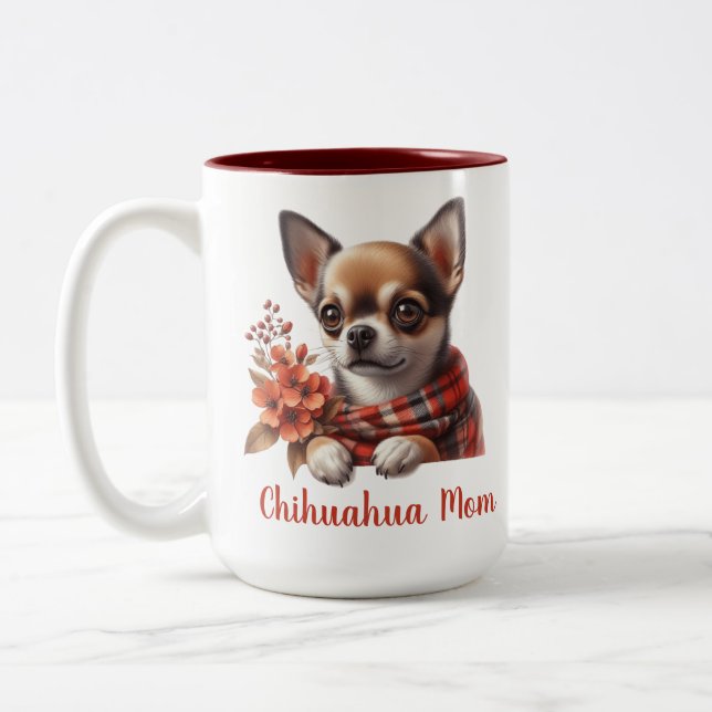 Cute Chihuahua Mom Dog Puppy with Flowers Two-Tone Coffee Mug (Left)
