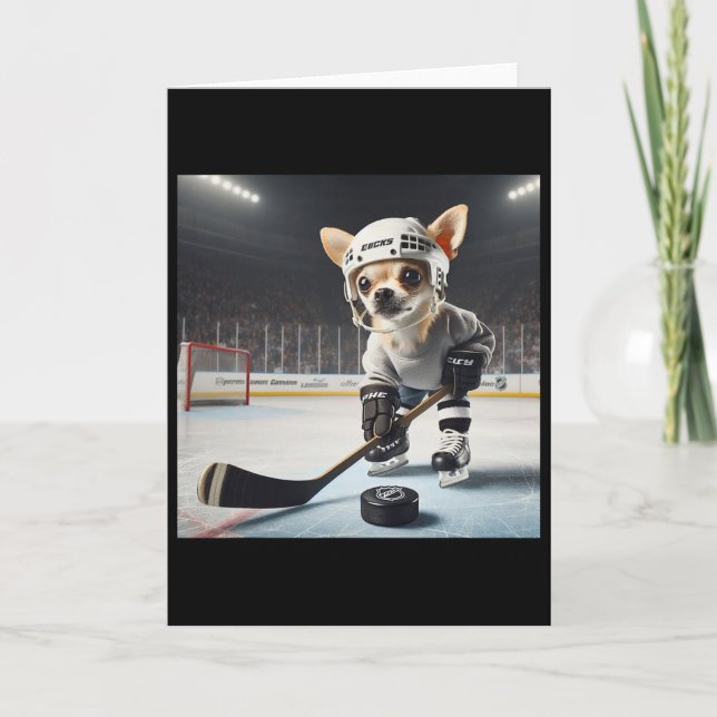 Cute Chihuahua On Ice For Hockey And Chihuahua Fan Card (Front)