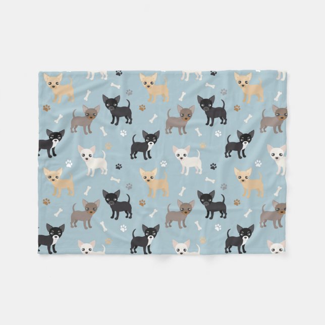 Cute Chihuahua Pattern Blue Fleece Blanket (Front (Horizontal))