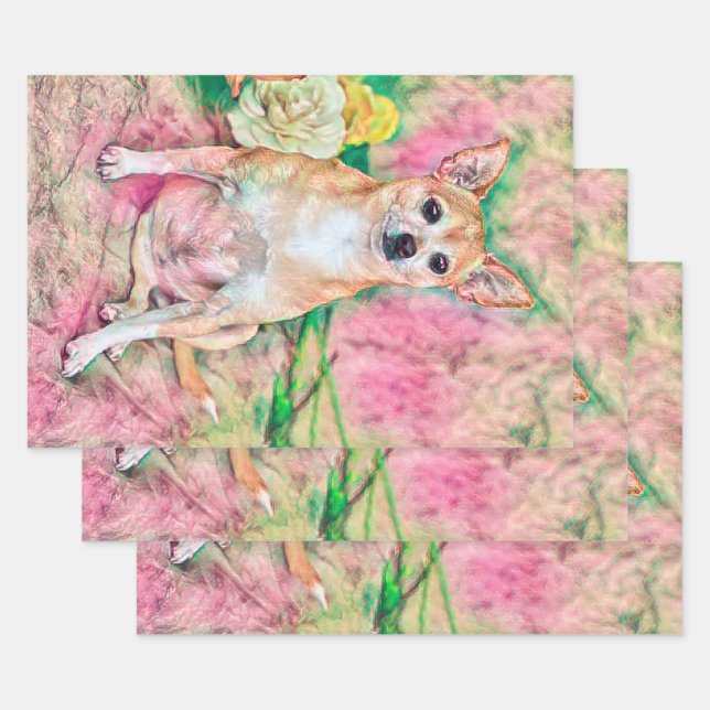 Cute Chihuahua Pink Green Art Dog Portrait Wrapping Paper Sheet (Set)