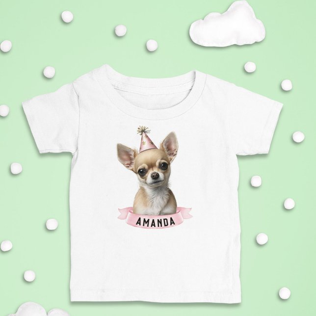 Cute Chihuahua Pink Party Hat Girly with Name Toddler T-Shirt (Creator Uploaded)
