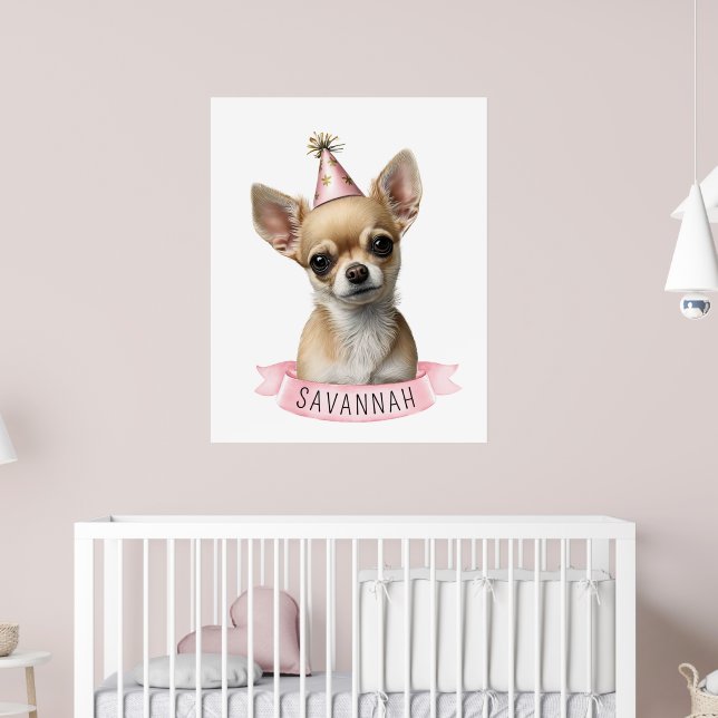 Cute Chihuahua Pink Whimsical with Name Design Poster (Nursery 2)