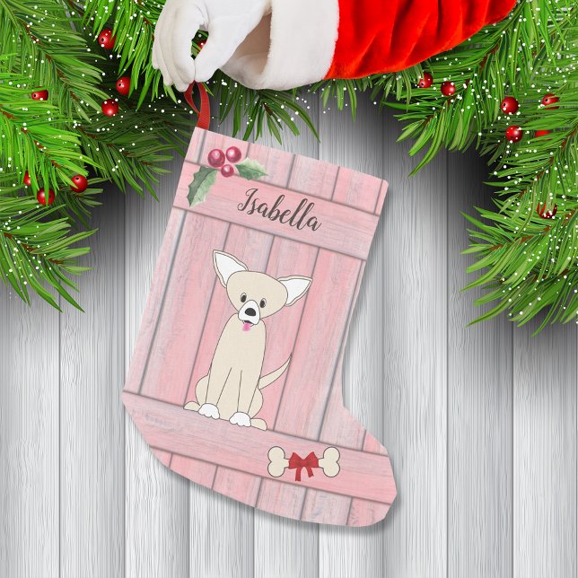 Cute Chihuahua Pink Wooden Fence Monogram Small Christmas Stocking (Creator Uploaded)