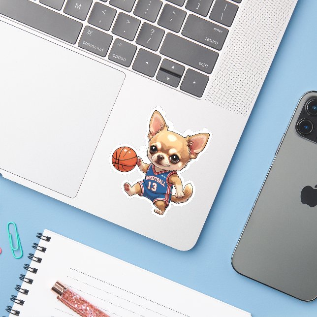 Cute Chihuahua Playing Basketball Dog Kiss Cut (Laptop w/ iPhone)