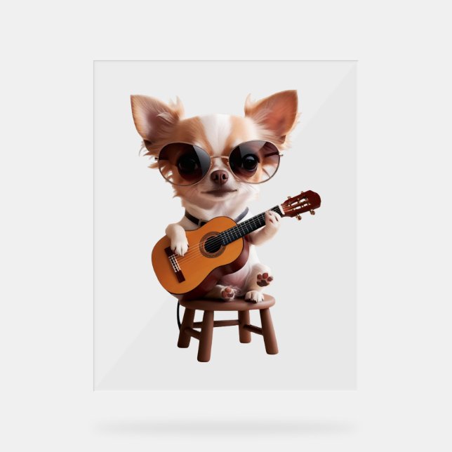 cute chihuahua playing classical guitar cartoon fu acrylic sign (Front)