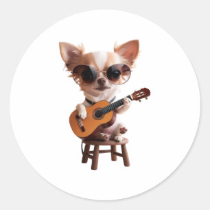 cute chihuahua playing classical guitar cartoon fu classic round sticker