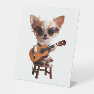 cute chihuahua playing classical guitar cartoon fu pedestal sign
